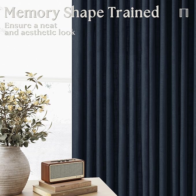 Navy Pinch Pleated Linen Semi Sheer Short Curtains 45 Inch Length 2 Panels | for Kitchen Small Bay Window Basement, Pinch Pleated with Hooks Rings Back Tab, Memory Shape, Thick Linen Semi Sheer, W40xL45