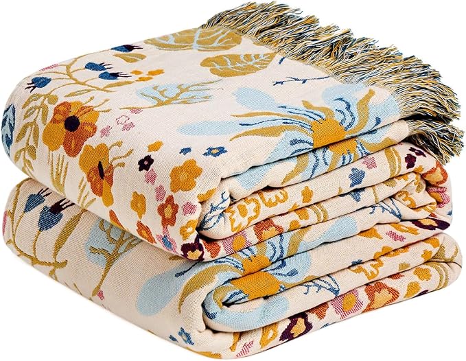 LUTBM Boho Throw Blanket for Couch 50"x60", Cotton Decorative Bed Throws | Reversible Floral Leaves Jacquard, All-Season Lightweight Soft Blanket, For Chair Sofa Bedroom Living Room Decor, Accent Gift