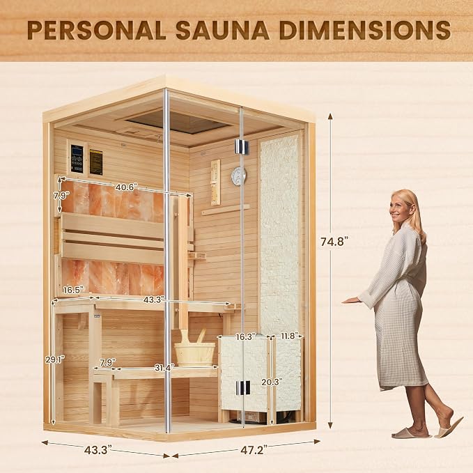 Traditional Steam Sauna,2-4 Person Luxurious Indoor Sauna with 2300W Stove Heater,Wood Sauna Room with 2 Himalayan Salt Bricks,7-Color Dynamic Abysm Sky Lights,220V,Bluetooth Speaker
