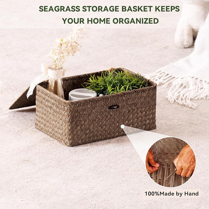 Nonam Small Basket with Lid, Natural Seagrass Bin with Lid, Shelf Baskets Multipurpose Container for Boho Decoration, Rectangular Household Storage Boxes for Home Organization-Coffee