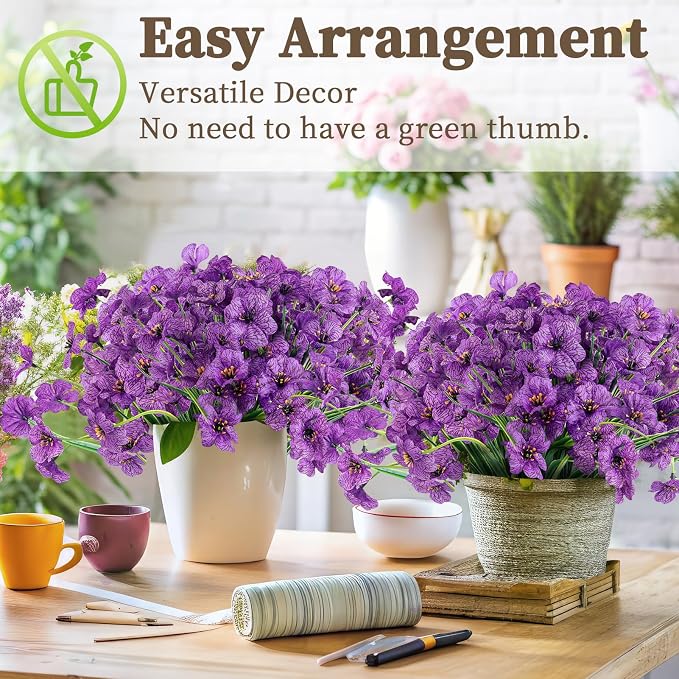 ColoPlay 24Bundles Deep Purple Artificial Flowers for Outdoors, Fake Flower | Fake Plants Outdoors, UV Resistant Faux Flowers for Indoor Outside Garden Porch Window Box Home Wedding Farmhouse