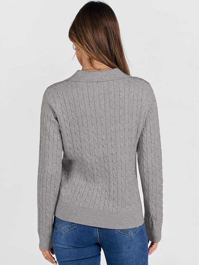 ANRABESS Womens Cable Knit Sweaters Long Sleeve V Neck | Pullover Collared Sweater Tops, Polo Knit Shirts, Business Casual Work, Tennis Golf, Fall Winter Fashion Outfits
