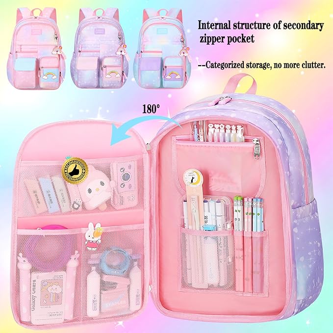 Rainbow Backpack For Girls Kids,Cute Student School Backpack With Pen Bag,Aesthetic Starry Rainbow Laptop Travel Bag