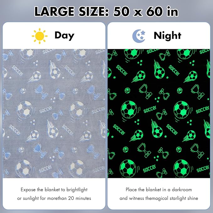 Glow in The Dark Soccer Blanket Gifts for Boys, Soft Blanket 3 4 5 6 7 8 9 10 Year Old Kids Gifts, Toddler Boys Toys Age 6-8,Gifts for Boys for Valentine's Day Birthday Gifts Presents,50"x60"