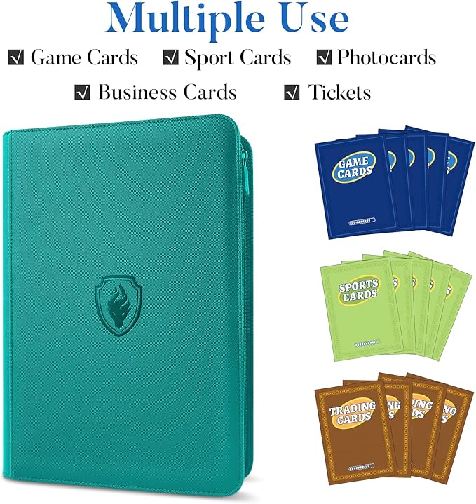 Premium Zip Card Binder, Fabmaker 9 Pocket Trading Card Binder, PU Cover Zipper Card Collection Album, Sturdy 360 Side-Loading Card Folder Holder for Game & Sports Cards, Turquoise