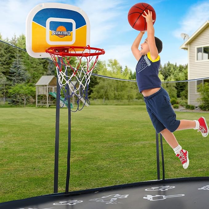 Trampoline Basketball Hoop with 2 Mini Basketball Easy to Install, Upgraded Basketball Hoop for Trampoline Dunk, Fit for Straight and Curved Pole,for Indoor and Outdoor Use