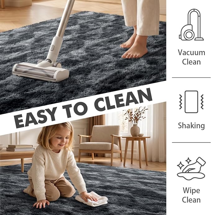 5x7 Ft Large Shag Rugs for Bedroom Living Room for Men Boys, Tie Dyed Ultra Soft Fluffy Furry Area Rug for Indoor Floor, Aesthetic Carpet for Home Decor (Black Grey)
