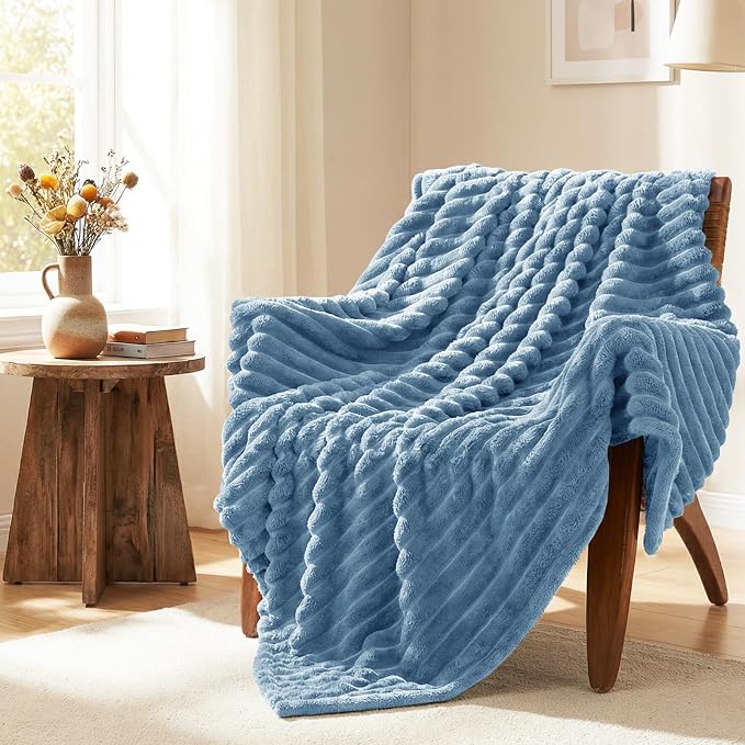 HIMEET Grayish Blue Throw XL Blanket, 300GSM Ribbed Fleece, 50 x 70 Inches | Ultra Soft Flannel, All-Season Lightweight Warmth, Extra Coverage for Couch Lounging, Home Room Decor, Machine Washable