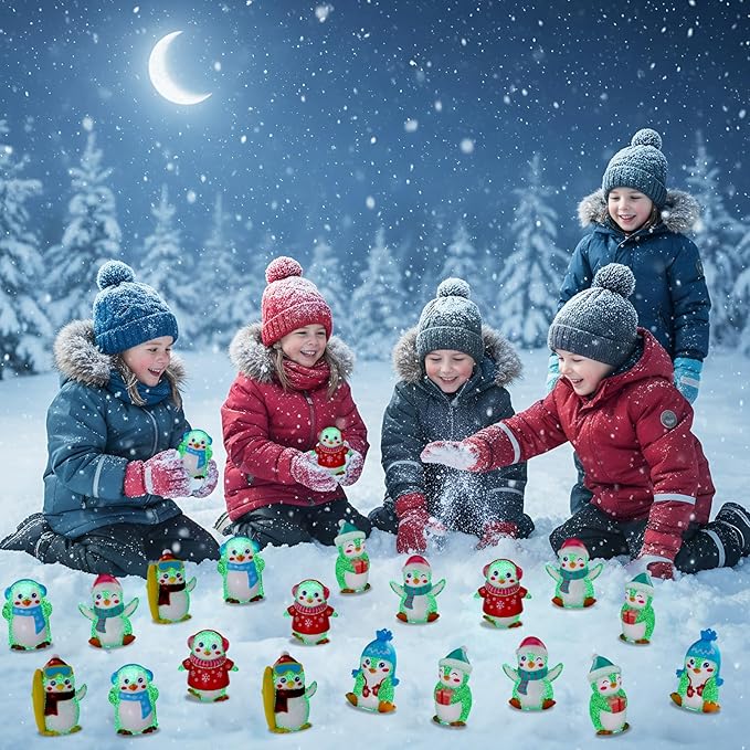 Realspring 24 Pcs Rubber Penguin Valentines for Class Bulk Glow in The Dark Winter Penguin Bath Toy Floating Rubber Animals Cute Cake Topper Gifts for Kids Classroom, Home Car Dashboard Decor (Black)