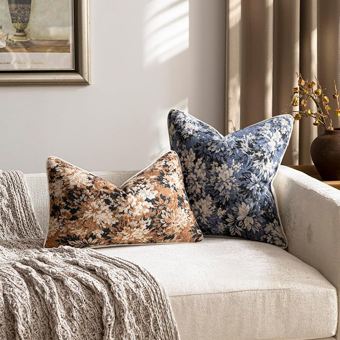 Pack of 2 Vintage Floral Pillow Covers 12x20 Boho Farmhouse Accents Chenille Rectangular Lumbar Decorative Throw Pillow Cases for Living Room Couch Bed Home Decor, Cognac