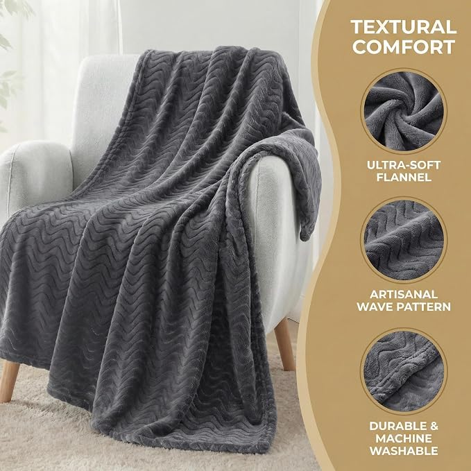 Exclusivo Mezcla Soft Fleece Blanket King Size for Bed, Sofa, Dark Grey | 90"x104" Breathable Lightweight Flannel Blanket for Summer, Plush Cozy Jacquard Wave for Home Decor