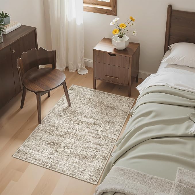 Soalmost 2x3 Washable Rugs for Kitchen, Entryway, Small Area Rug Brown | Non-Slip Vintage Low Pile Throw Door Mat For Bathroom Entry Laundry Powder Room, Stain Resistant Indoor Entrance Floor Carpet