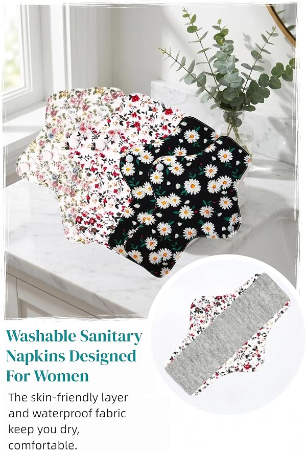 Washable Menstrual Pads,Reusable Incontinence Pads,Panty Liners Pads,Period Pads Sanitary Napkins,with 1 Storage Bag,for Women Postpartum/Incontinence Patients(Graphene Blue flower/L/6pcs)