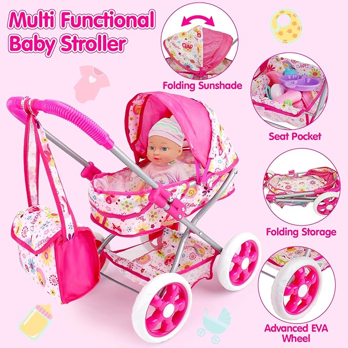 Baby Doll Stroller Set Toys for Girls Toddlers 3-5 4-6 5-7, Baby Doll Playset with 12.5 inch Doll, Bathtub and 20PCS Baby Doll Accessories, Baby Stroller Toys for 3 4 5 6 Year Old Girls Birthday Gift