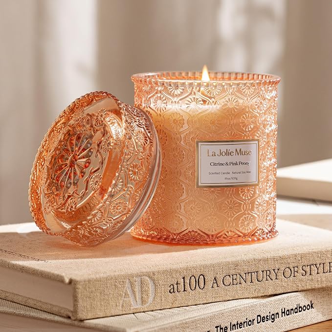 LA JOLIE MUSE Citrine Pink Peony Scented Candles for Home,19 oz Natural Soy | Large Jar Luxury Candle, Clean Non Toxic Wax, Gifts for Women, Decorative Candles for Candle Warmer, Wood Wick, Floral Citrus