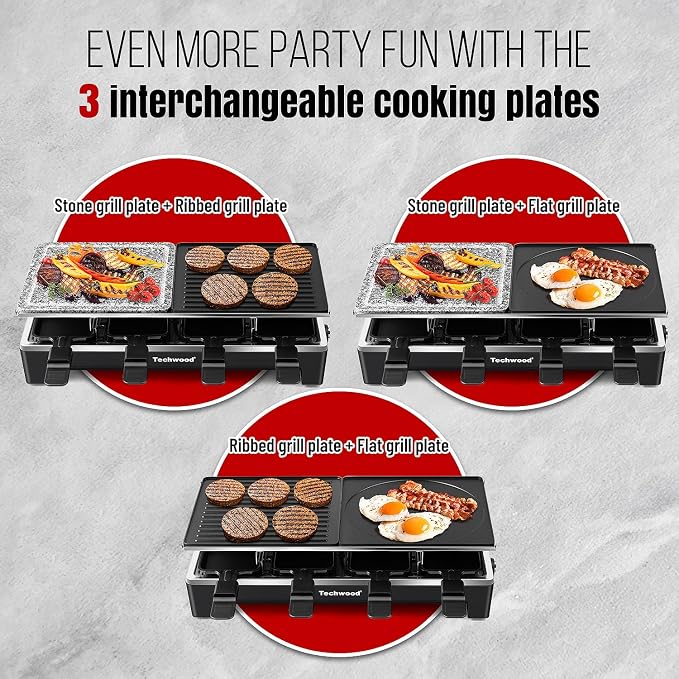 Raclette Grill, Techwood Electric Indoor Grill with 2 Reversible Non-stick Grill Griddle Plates, 1 Stone Grill Plate, 1500W Fast Heating with 8 Cheese Pans, Ideal for Parties and Family Fun, Black