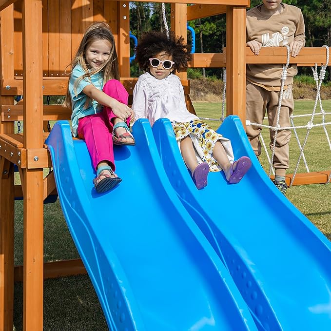 Dolphin Playground Wooden Swing Sets, Monkey bar, Plank Bridge with Rope Mesh, 2 Wave Slides, Large Climbing Wall, Outdoor Table, Saucer Swing, Playground Sets for Backyards, Outdoor Playset
