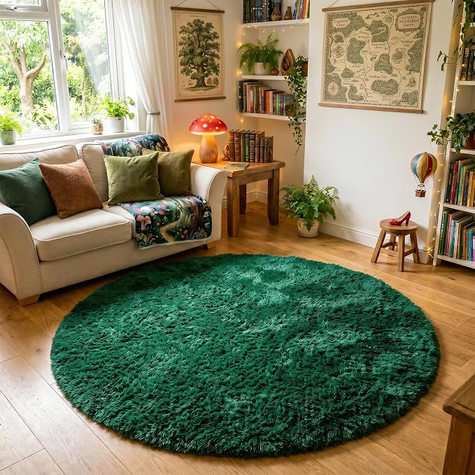 Amdrebio Dark Green Fluffy Round Rugs 5Ft for Bedroom, Thick Floor Circle Rug for Kids, Teens Room Decor, Furry Shag Area Rug for Living Room, Baby Nursery, Dorm, Fuzzy Plush Fur Emerald Green Carpet