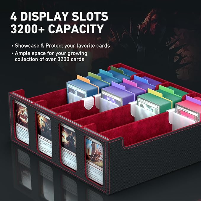 4-Row Trading Card Storage Box, Bulk Cards Case for 3200+ Mtg tcg Magic Playing Game Card Organizer, Commander Deck Box with 4 Supports & 24 Dividers & Strap