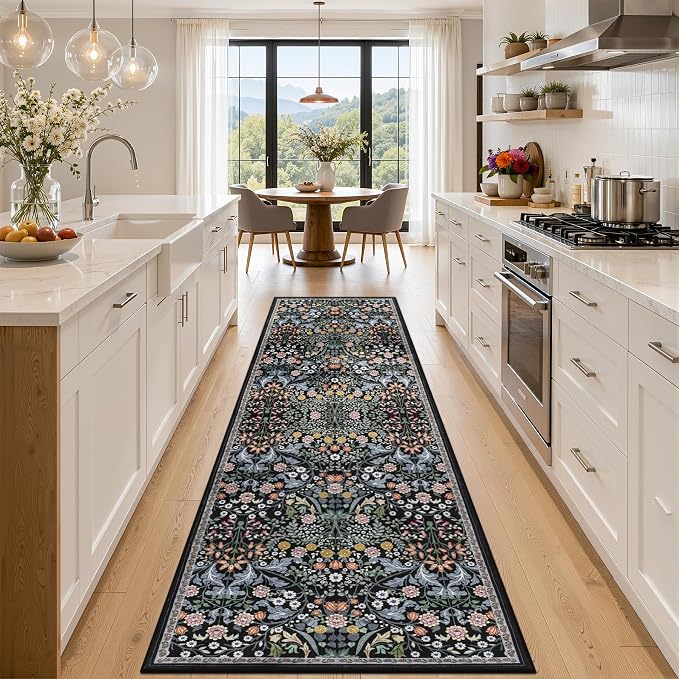 Runner Rug for Entryway: 3x10 Kitchen Rugs Non Slip Washable Ultra-Thin Soft Floral Carpet Indoor Floor Stain Resistant Carpets for Hallway Bedroom Kitchen Laundry Bathroom Dorm Dark Black