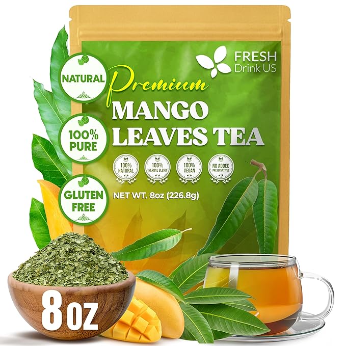 FreshDrinkUS, 8 oz Premium Dried Mango Leaves (Mangifera indica) – Cut & Sifted Loose Leaf for Herbal Tea – Natural Botanical Leaves for Hot & Iced Infusions – Non-GMO, No Additives, Resealable Pouch