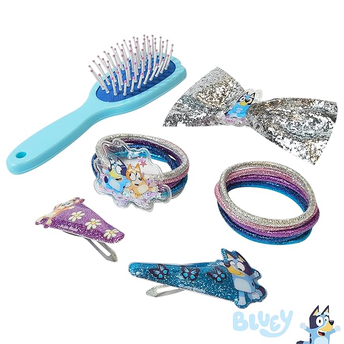 LUV HER Licenced Bluey Girls' 15-Piece Hair Accessories Set – Bluey & Bingo themed Brush, Bow, PVC Snap Clips & Lurex Elastics – Fun & Practical Hair Set for Kids Ages 3+