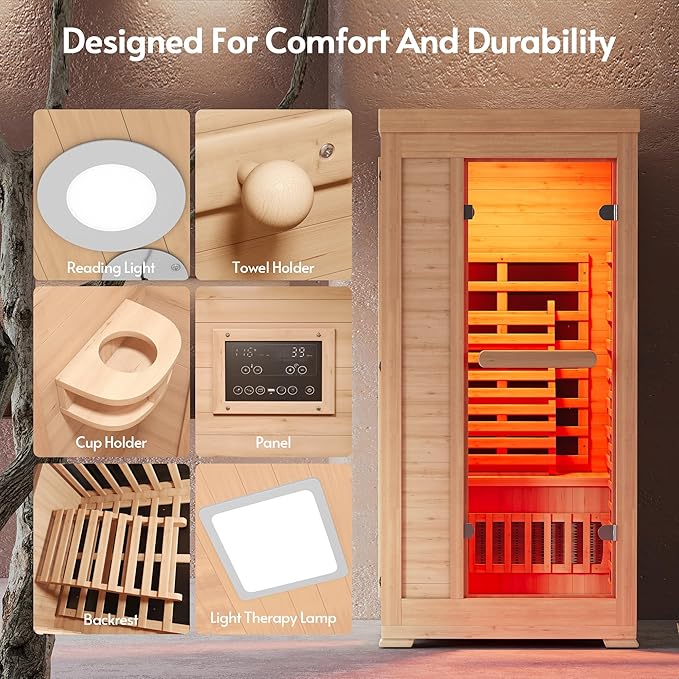 ENSTVER Infrared Wood Sauna 6.4Ft 1-2 Person, Luxury Full Spectrum Far Infrared Sauna Features Low EMF 1745w 7-Light Dynamic & Music Speakers, Canadian Hemlock Dry Indoor Saunas for Home & Gym