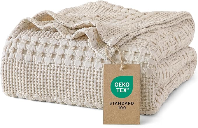 PHF 100% Cotton Waffle Weave Blanket Queen Size, Lightweight Breathable Summer Blanket for Hot Sleepers, Pre-Washed Soft Layer for Bed, Couch, Aesthetic Home Decor & Gift, 90"x90", Light Taupe/Oatmeal