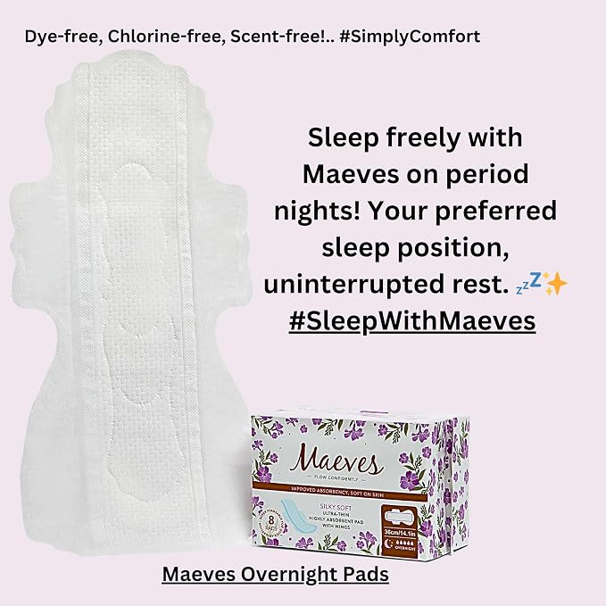 Maeves Pads Ultra Thin Extra Long Overnight Pads with Wings and for Extra Heavy Flow - 16 Counts (2 Packs of 8)