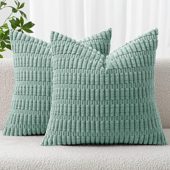 MIULEE Corduroy Decorative Throw Pillow Covers 18x18 Teal Green Pack of 2 | Soft Boho Striped Pillow Covers Modern Farmhouse Home Decor For Sofa Living Room Couch Bed