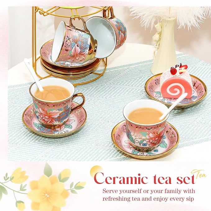 20 Pcs Porcelain Tea Set for Adults with Metal Holder and Spoon European Ceramic Tea Party Set Flower Painting Teapot Cup Saucer for Women Gift, Serving 6 People(Fresh)