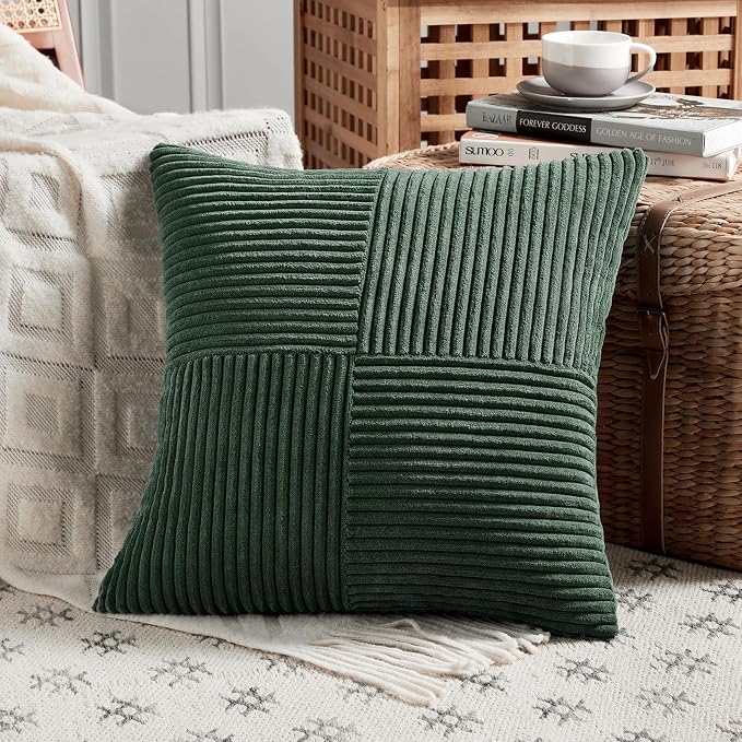 Fancy Homi Set of 2 Dark Green Decorative Throw Pillow Covers 20x20 Inch for Living Room Couch Bed, Boho Farmhouse Forest Green Home Decor, Soft Corss Corduroy Patchwork Textured Cushion Case
