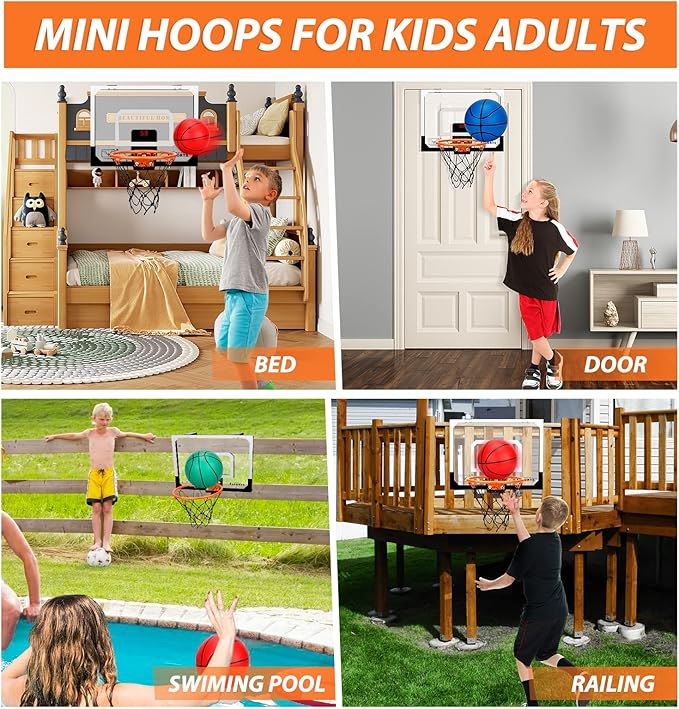 Mini Indoor Basketball Hoop for Kids Adults, Small Basketball Hoop Over The Door Mini Hoop with 4 Balls, oost Wall Mount Hoop Sport Game Interactive Toys Gift for Boys Age 3-12