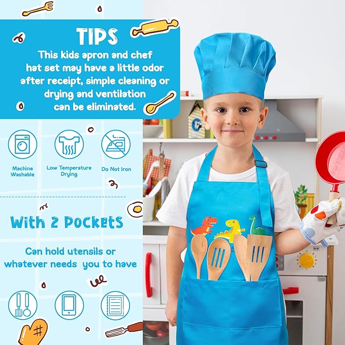 R HORSE Kid Apron and Chef Hat Set 2Pcs Adjustable Children Blue Kitchen Apron Dress up Role Play Chef Toy Kid Funny Cooking Gift Birthday Gift for Kids Cooking Baking Painting and Training