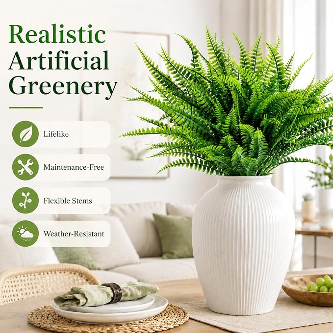MAQIHAN 10PCS Fake Fern for Outdoor - Artificial Boston Fern Stems Decor | Realistic Fake Greenery for Large Planters, Vase, Porch, Patio, Garden Decor, Faux Plants for Indoor, Outdoor Home Decoration