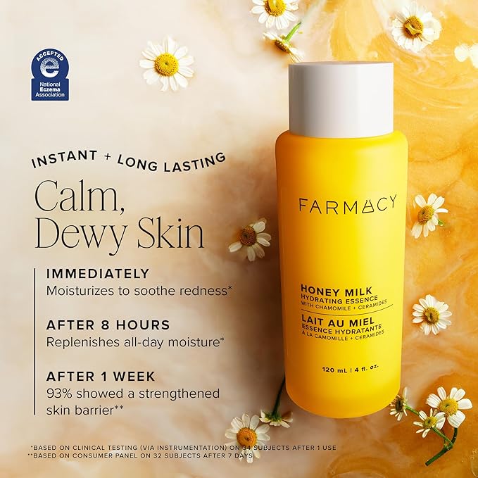 Farmacy Honey Milk Face Essence - Hydrating Milky Toner with Honey, Ceramides + Chamomile - Helps Strengthen Skin Barrier + Replenish Moisture - Soothing + Calming Skincare (50ml)