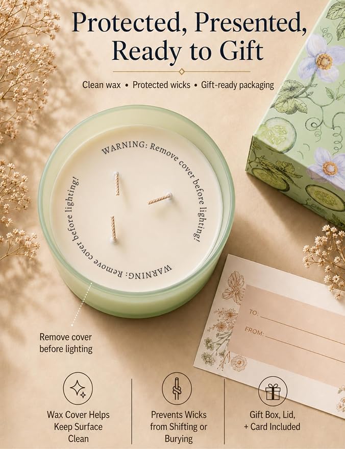Cucumber Grapefruit Melon 3-Wick Soy Summer Scented Candle for Home 15.8oz | Citrus, Apple & Green Notes, Crisp & Fresh, Clean Burn, Large Scented Candles for Bedroom, Bathroom & Spa, Gift for Women