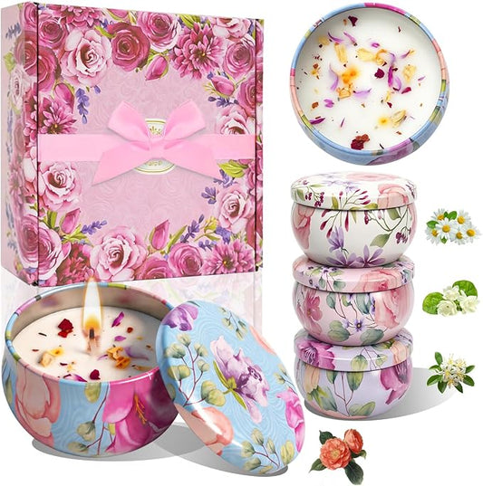 4 Pack Scented Candles for Women Gift- 8% Essential Oil Aromatherapy Candle Set, 50H Long Lasting Natural Soy Wax Candles, Travel Tin Gift Box for Stress Relief Spa Yoga Birthday Housewarming