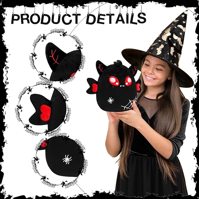 Halloween Stuffed Animal Plush Toy - 8 Inch Black Spider Web Mothman Plush Pillow Soft, Cute Spooky Stuff Animals Plushies Toys Gift for Kids Girls Boys, Halloween Birthday Party Decorations