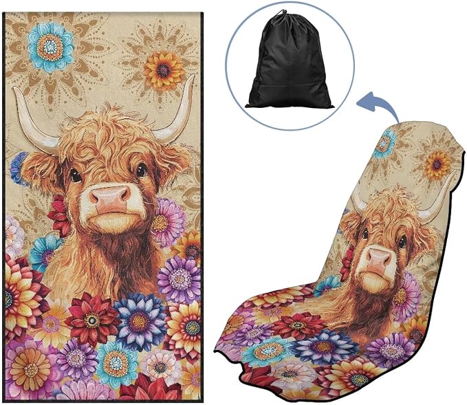 INSTANTARTS Dahlia Highland Cow Car Seat Cover Protector Sweat Towel Multi-Functional Car Towel
