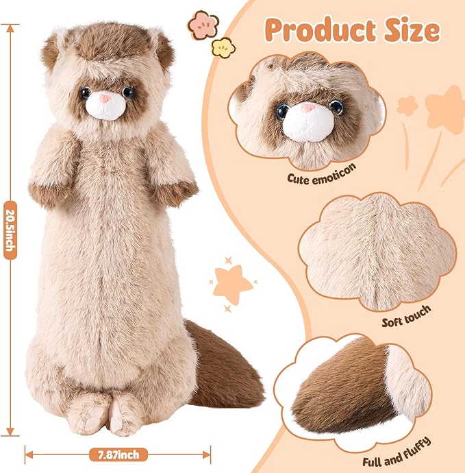20.5 Inch Ferret Plush Stuffed Animal Long Cute Ferrets Pillow Soft Doll Stuffed Cute Toys Animals Lover Gift Kid Birthday Holiday Party Favor(Brown Ferret)