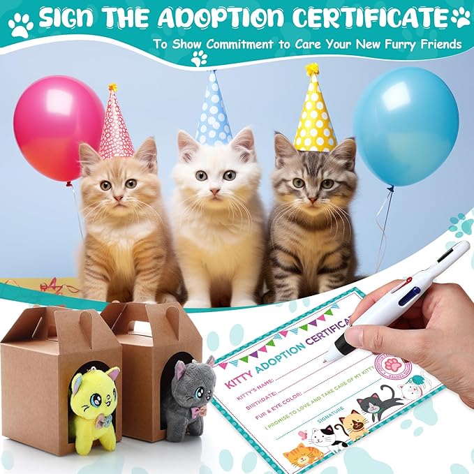 84 Pcs Adopt a Pet Party Favors 24 Mini Plush Stuffed Animals 10 White Plastic Fence 24 Paper Gift Boxes 24 Adoption Cards with Mini Chalkboard and Artificial Lawn(Kitten)