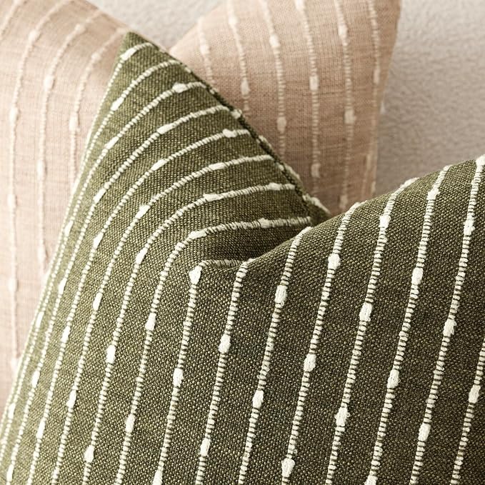 Foindtower Pack of 2 Decorative Jacquard Boucle Throw Pillow Covers Accent Textured Striped Pillowcases Soft Boho Modern Cushion for Couch Sofa Bedroom Living Room Home Decor 22x22 Inch Olive Green