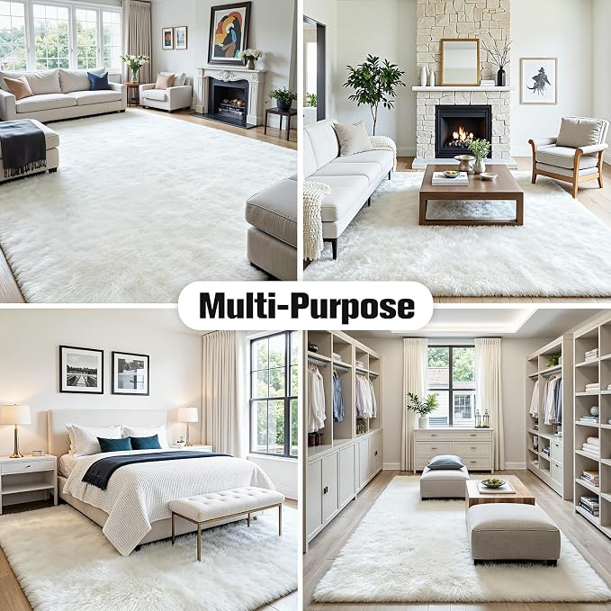 8x10 Area Rug for Living Room, Ultra Soft Fluffy White Rugs for Bedroom, Non Slip Large Shag Carpet, Fuzzy Plush Nursery Rug, Thick Washable Indoor Floor Carpets for Kids Office Dorm Home Decor