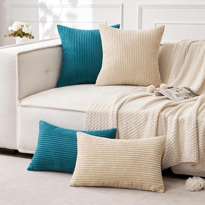 MIULEE Decorative Corduroy Throw Pillow Covers Set of 2 20x20 Teal | Soft Striped Textured Cushion Cases, Boho Coastal Square Pillowcases for Home Decor, for Couch Chair Sofa Bed Living Room