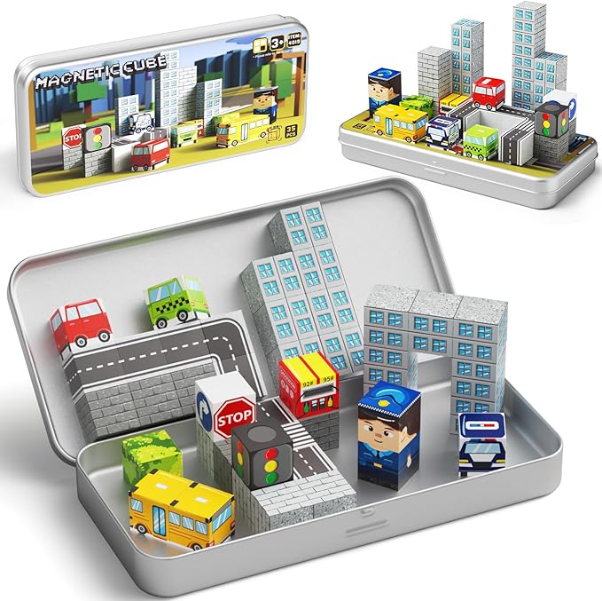City-Themed Magnetic Building Blocks - Portable & Travel-Friendly Set for Ages 3+, STEM Learning Construction Kit with Storage Box