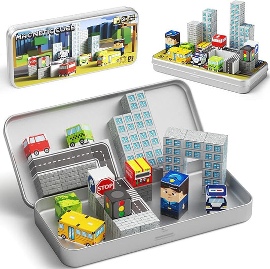 City-Themed Magnetic Building Blocks - Portable & Travel-Friendly Set for Ages 3+, STEM Learning Construction Kit with Storage Box