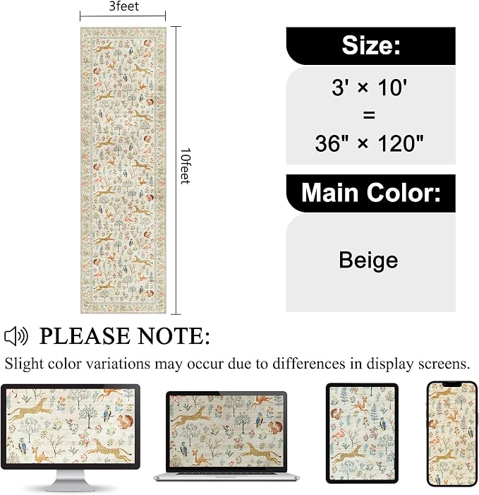 DUKINO 3x10 Washable Runner Rug, Non Slip Animal Rug for Hallway, Beige | Low Pile, Stain Resistant, Soft Thin Indoor Rug Runner for Kitchen, Entryway, Bedroom, Bathroom, Pet Friendly, Non-Shedding