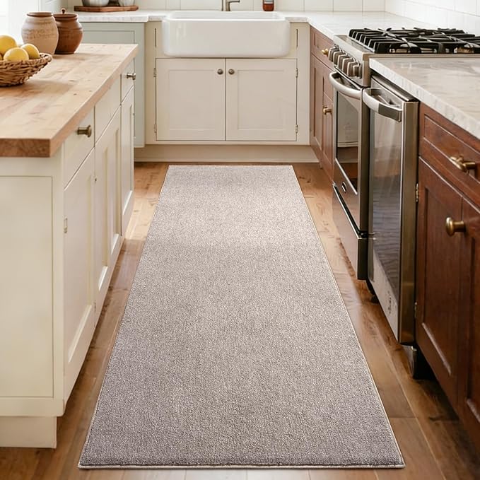 FinRèc 2x8 Washable Runner Rugs for Kitchen Hallway Bedroom, Low Pile Thin Rug Solid Color, Non-Slip Carpet Indoor for Home Decor (Oatmeal/White)