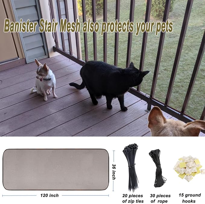 Banister Guard for Baby and Pets - 10ft x 3ft Safety Stairs Rail Net, Balcony Netting Provides Safe Environment for Child, Small Pet, Toy - Brown